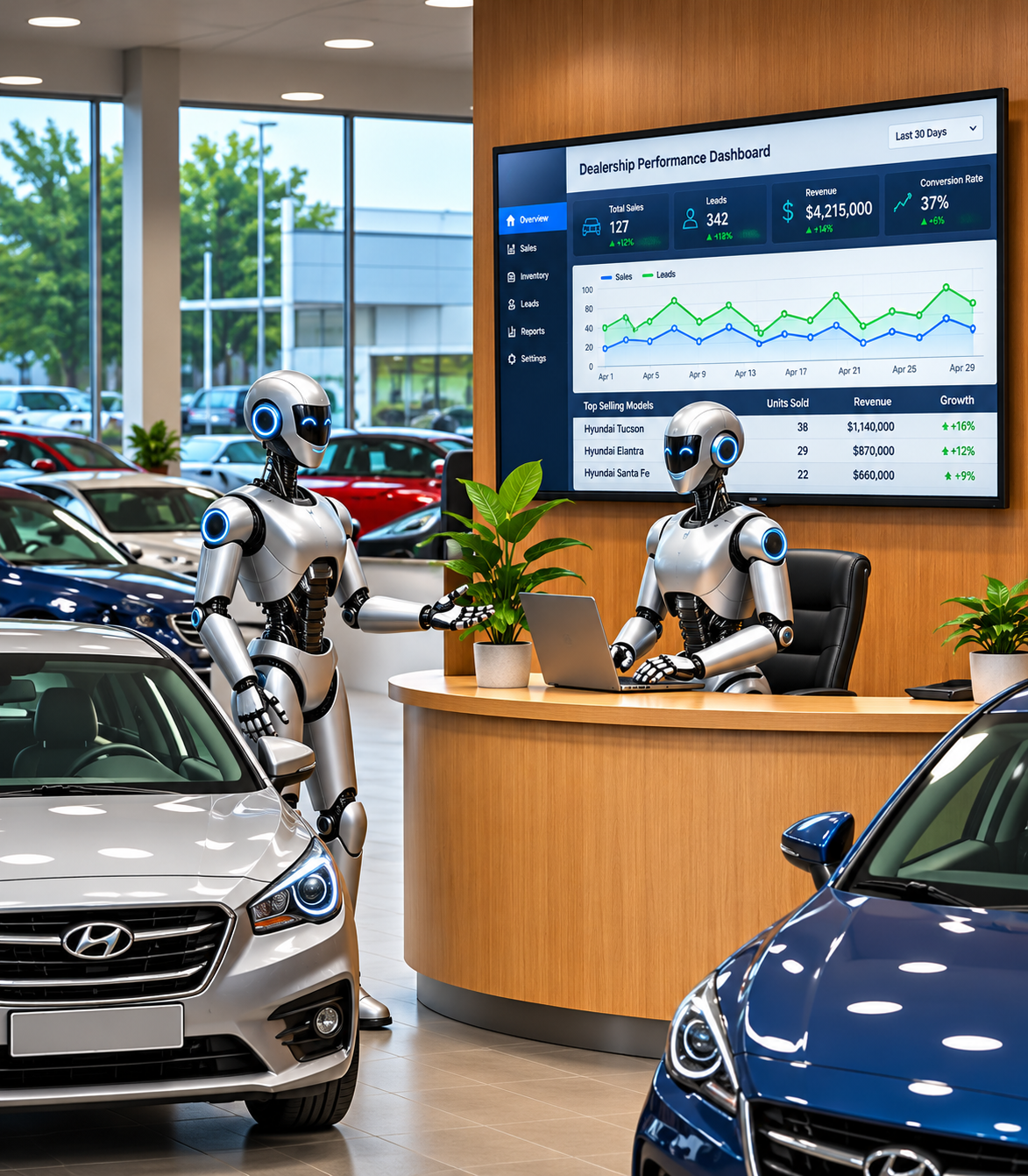Voice AI for Dealerships - AI BDC - Robot sitting in reception desk